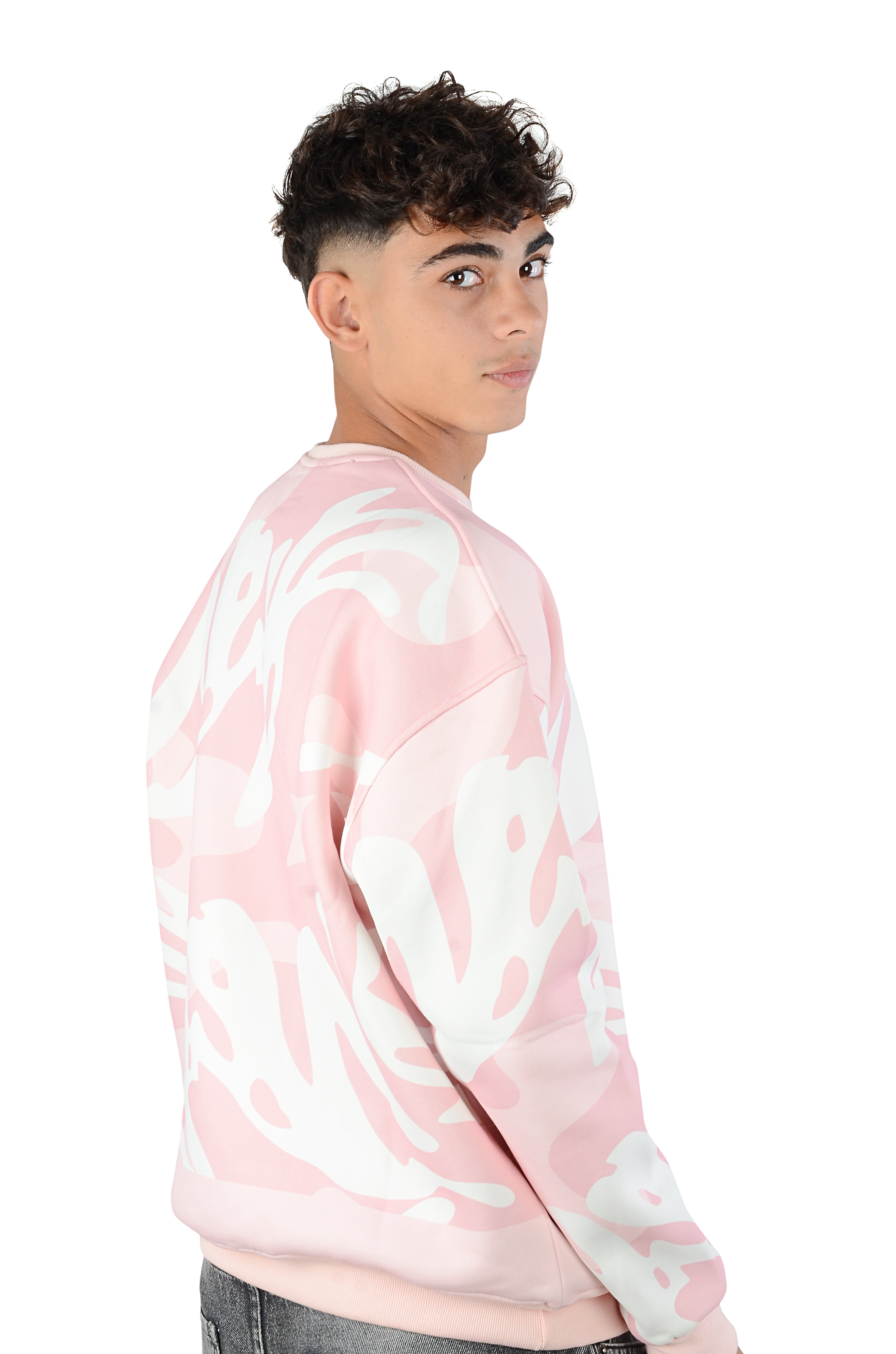 Back view of Rose Smookie Sweatshirt in pink and white 